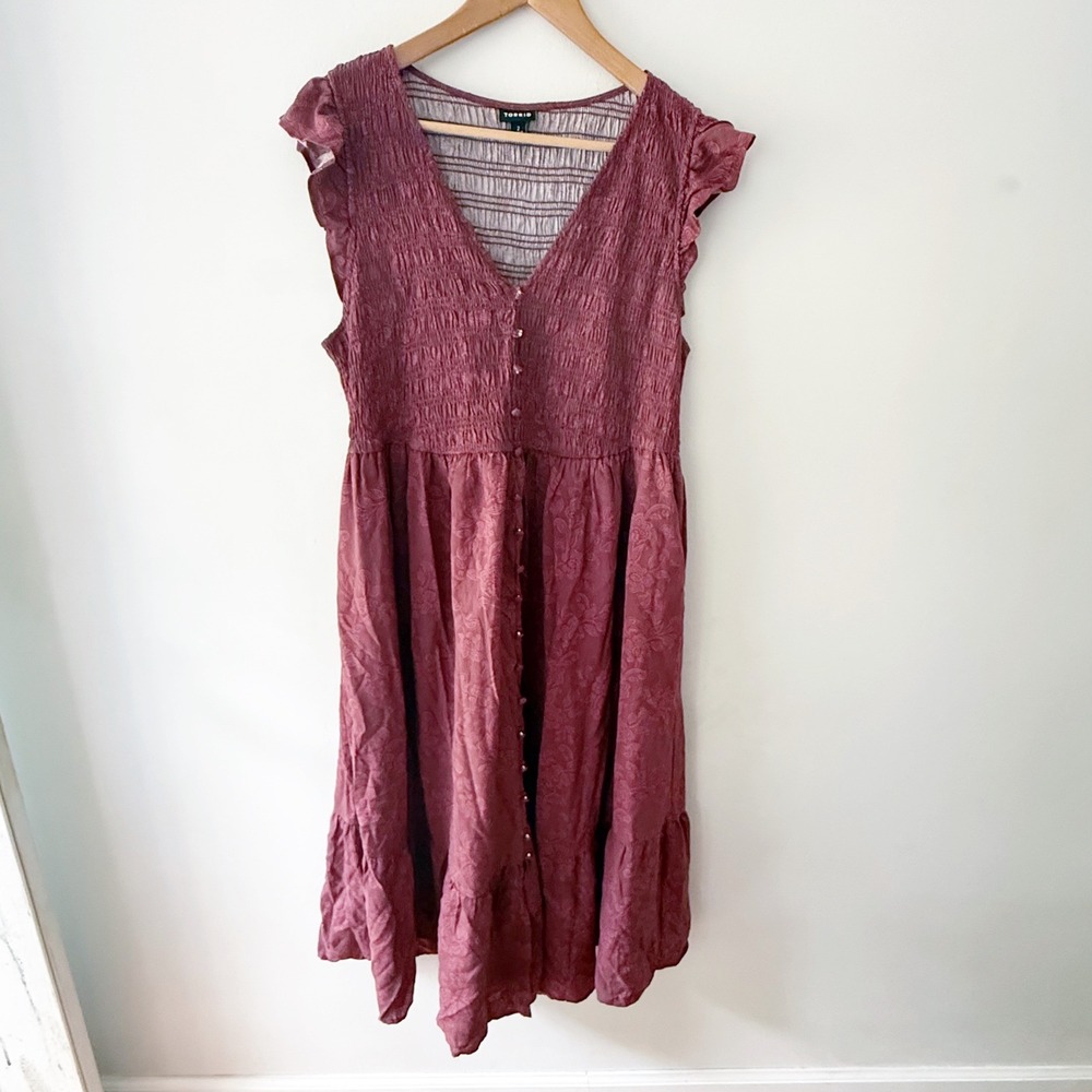 Torrid Midi Dress Womens 2X Burgundy Smocked Boho Cottagecore Floral Prairie